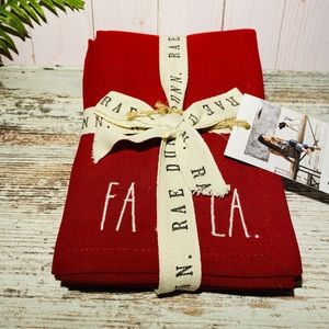 Rae Dunn Set of 4 EMBROIDERED NAPKINS red Fa la la, Believe, Joy, Merry